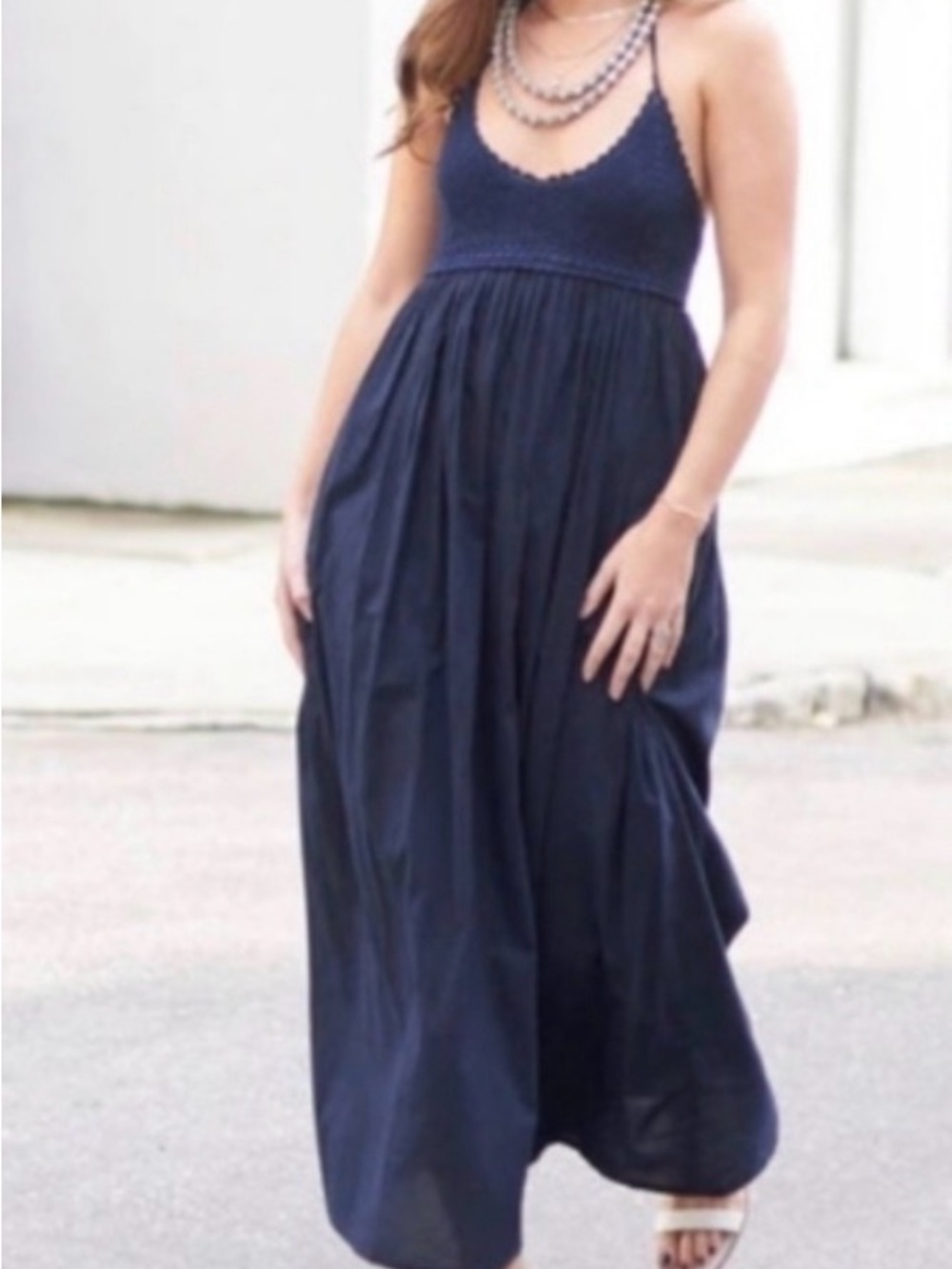 Madison Matthew’s Spaghetti-Strap Navy Crochet Bodice Maxi Dress Sz S